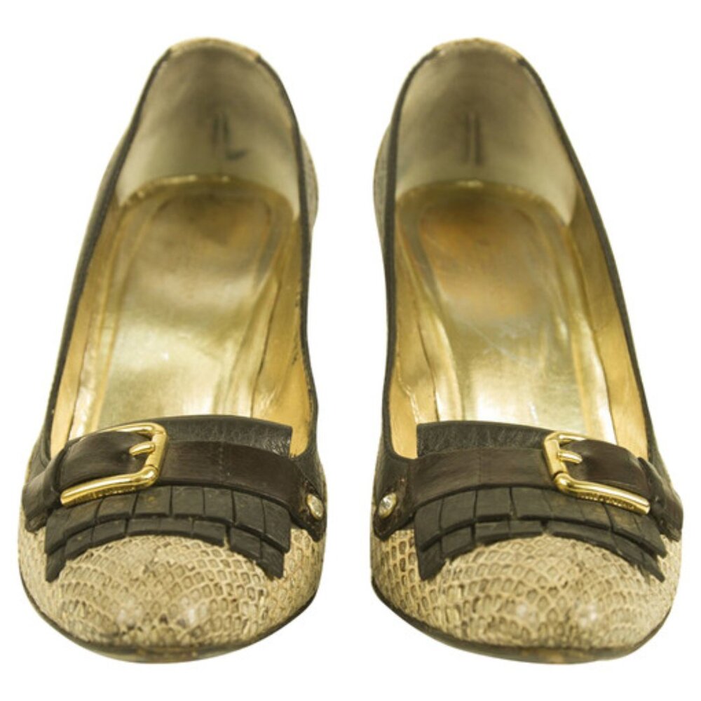 Dolce & Gabbana Black/Beige Python Leather Buckle Detail Fringe Pumps Size 37.5 - Picture 2 of 4